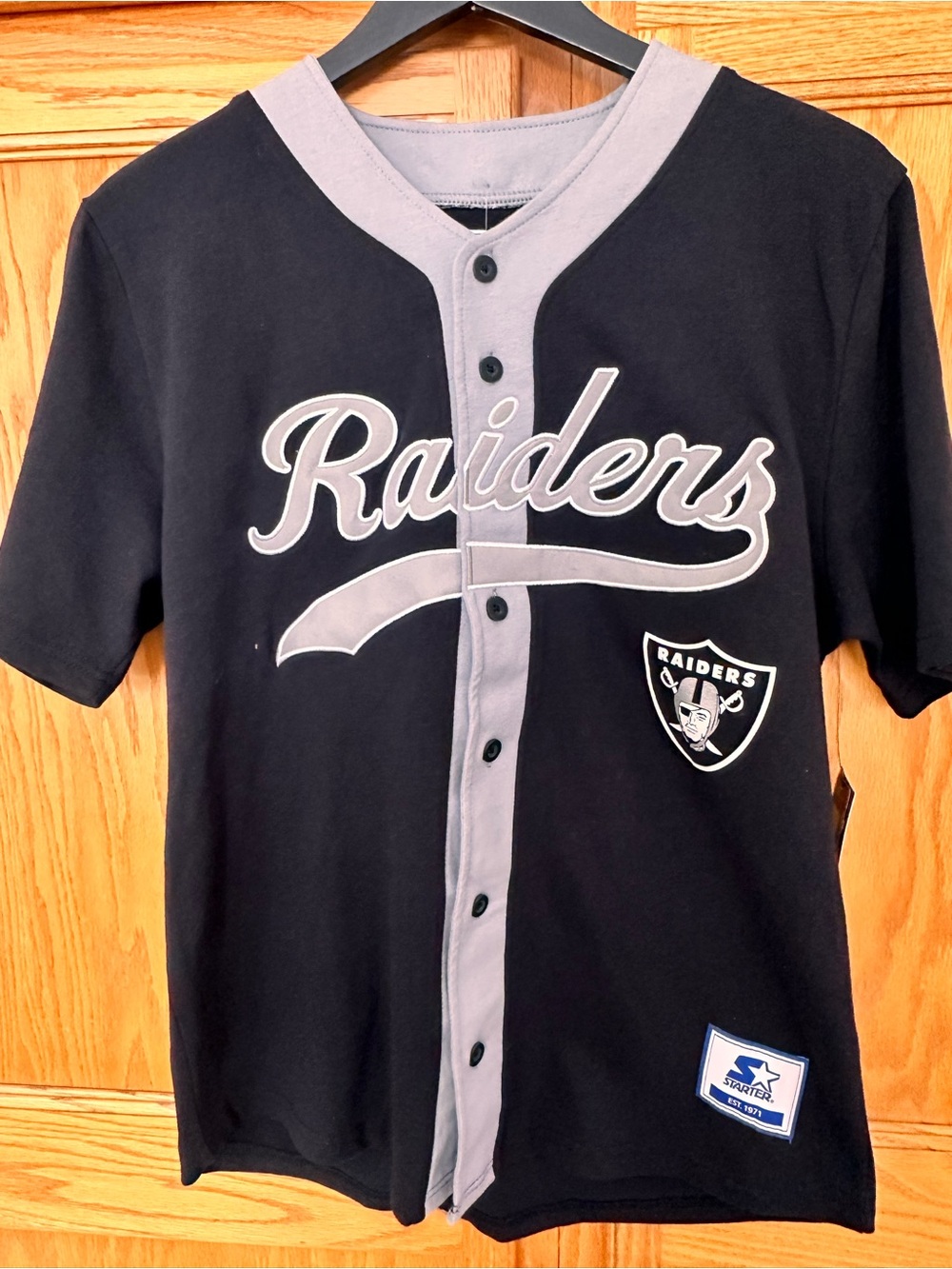 STARTER Black and Gray Raiders Button-Up Fan Jersey